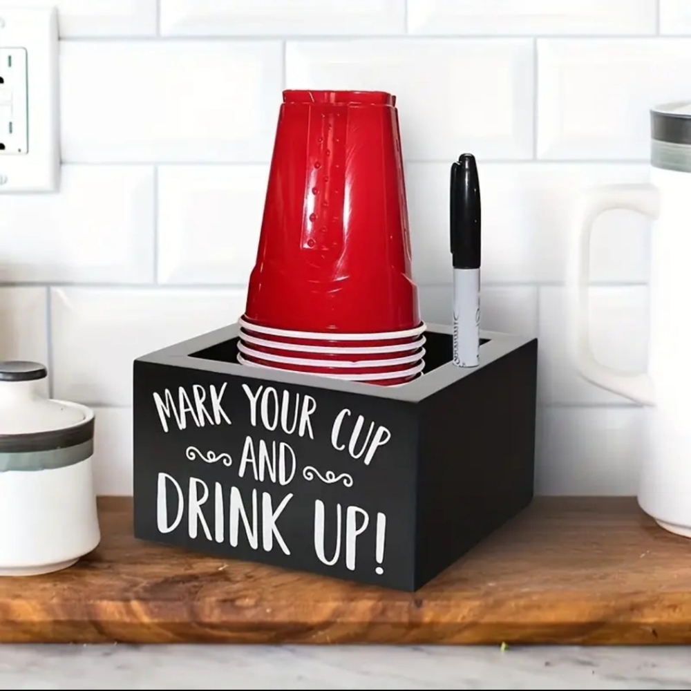 1pc Rustic Wooden Party Cup Holder With Marker Slot,"Mark Your Cup And Drink Up"